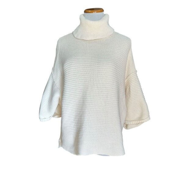 Free People White Turtleneck Ribbed Cropped Boxy Sweater Size XS Oversized‎ - Picture 1 of 11